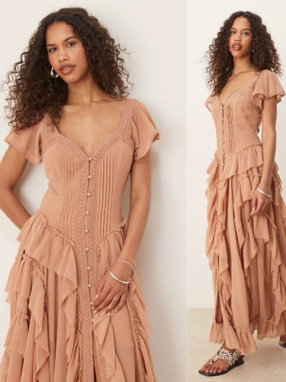 NWOT ASOS DESIGN Boho Ruffle Maxi Dress Nude Beige Lace Crochet Size 8 coachella